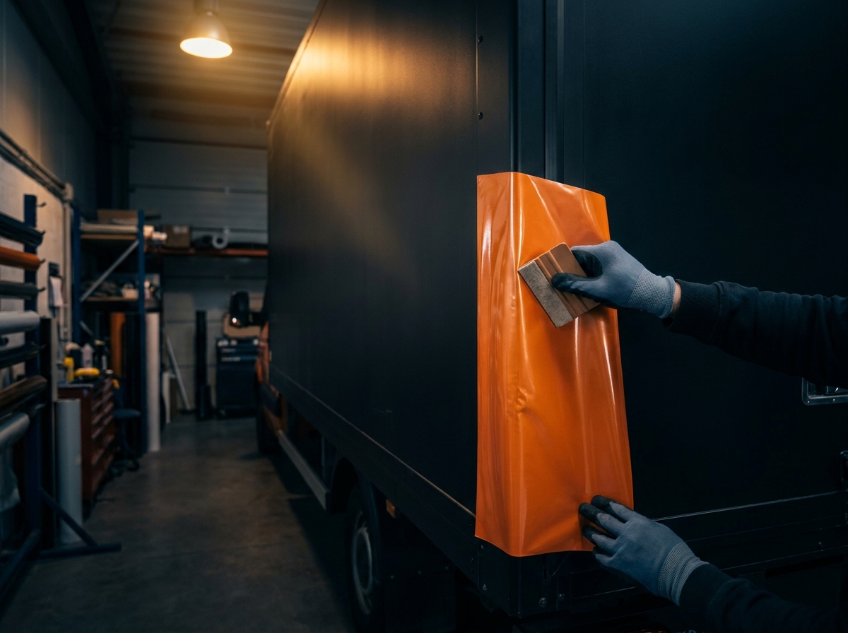 Installer wrapping a truck panel in orange vinyl